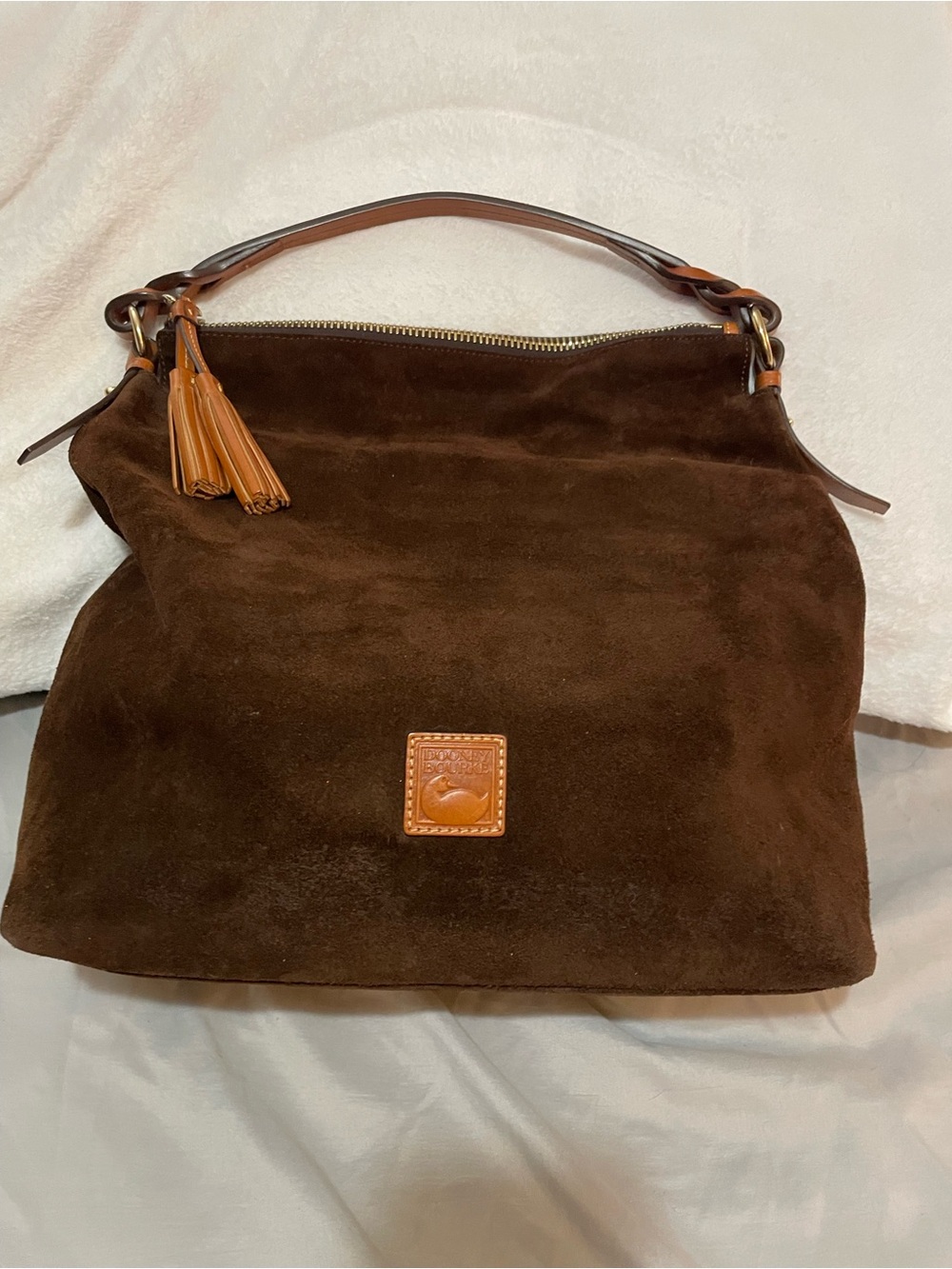 Dooney & Bourke Dark Brown Suede Hobo with Tan Leather Trim